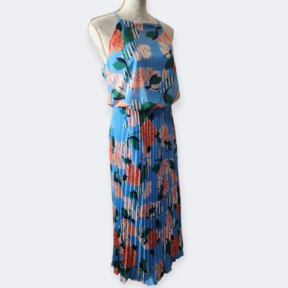 Sam Edelman Floral Halter Neck Pleated Plisse Midi Dress In Blue Multicolor Sz 8
